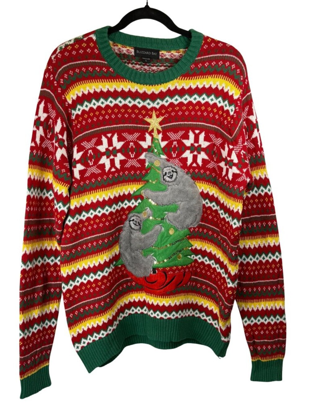 Blizzard Bay Sloth Ugly Christmas Sweater Mens Large Red Fair Isle Cotton